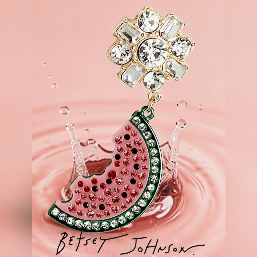 NEW Betsey Johnson Backyard Watermelon  Green & Pink Crystal Earrings 2.75" Long - Picture 2 of 4